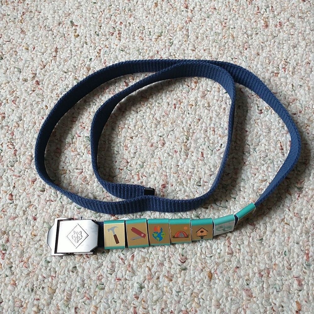 Boy Scout Of Ametica BSA Uniform Belt Blue Wolf Buckle With 7 Merit Badges 52"